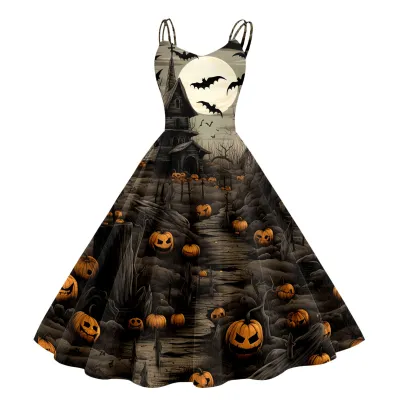 Women Cartoon Funny Halloween Ghost Pumpkin Witch Print Sling Dress Midi