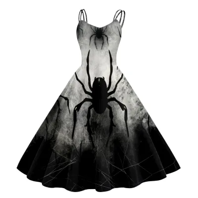 Women Cartoon Funny Halloween Ghost Pumpkin Witch Print Sling Dress Midi