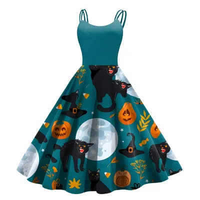 Women Cartoon Funny Halloween Ghost Pumpkin Witch Print Sling Dress Midi