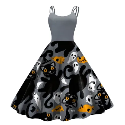 Women Cartoon Funny Halloween Ghost Pumpkin Witch Print Sling Dress Midi