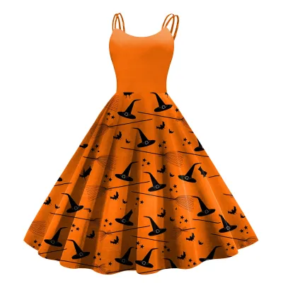 Women Cartoon Funny Halloween Ghost Pumpkin Witch Print Sling Dress Midi