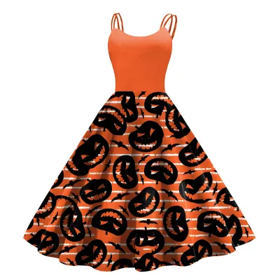 Women Cartoon Funny Halloween Ghost Pumpkin Witch Print Sling Dress Midi