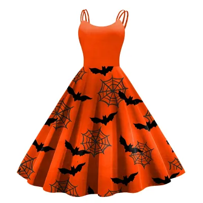 Women Cartoon Funny Halloween Ghost Pumpkin Witch Print Sling Dress Midi