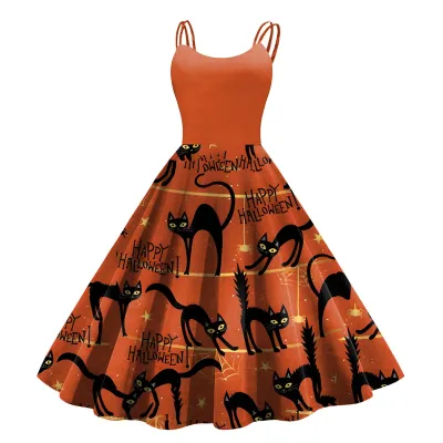 Women Cartoon Funny Halloween Ghost Pumpkin Witch Print Sling Dress Midi