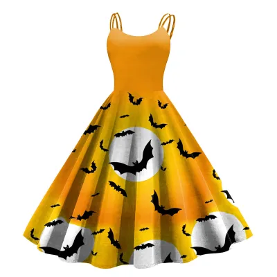 Women Cartoon Funny Halloween Ghost Pumpkin Witch Print Sling Dress Midi