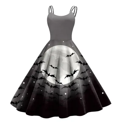 Women Cartoon Funny Halloween Ghost Pumpkin Witch Print Sling Dress Midi