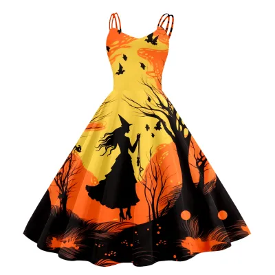 Women Cartoon Funny Halloween Ghost Pumpkin Witch Print Sling Dress Midi