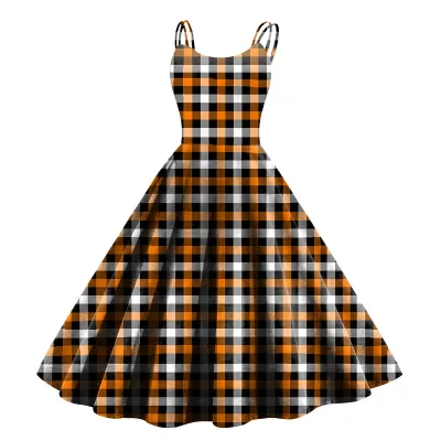 Women Cartoon Funny Halloween Ghost Pumpkin Witch Print Sling Dress Midi