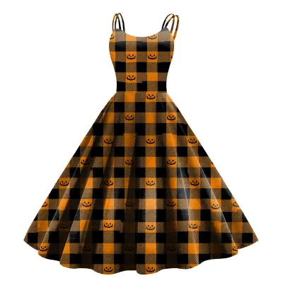Women Cartoon Funny Halloween Ghost Pumpkin Witch Print Sling Dress Midi