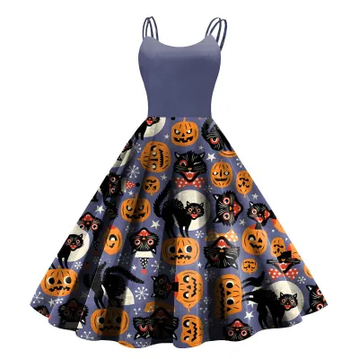 Women Cartoon Funny Halloween Ghost Pumpkin Witch Print Sling Dress Midi