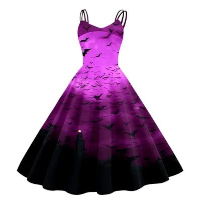 Women Cartoon Funny Halloween Ghost Pumpkin Witch Print Sling Dress Midi