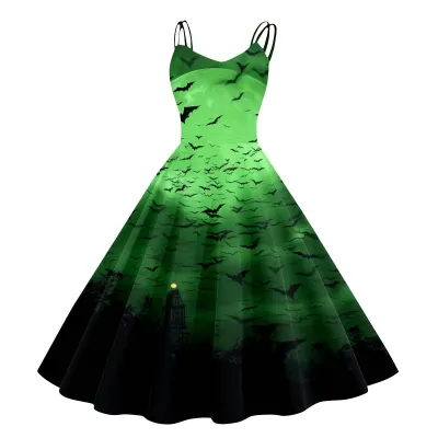 Women Cartoon Funny Halloween Ghost Pumpkin Witch Print Sling Dress Midi