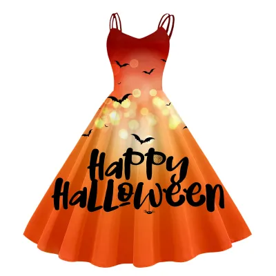 Women Cartoon Funny Halloween Ghost Pumpkin Witch Print Sling Dress Midi