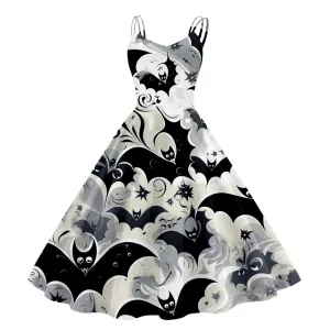 Women Cartoon Funny Halloween Ghost Pumpkin Witch Print Sling Dress Midi