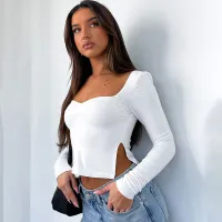 Sexy Women Solid Color Edgy Long Sleeve Crop Knitwear