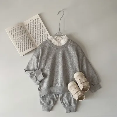 Kids Toddler Boys Girls Fall Winter Casual Cute Solid Color Long Sleeve Cotton Sweatshirt Trousers Two-Piece Set