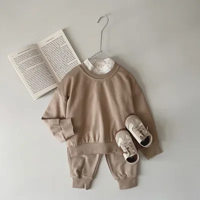 Kids Toddler Boys Girls Fall Winter Casual Cute Solid Color Long Sleeve Cotton Sweatshirt Trousers Two-Piece Set