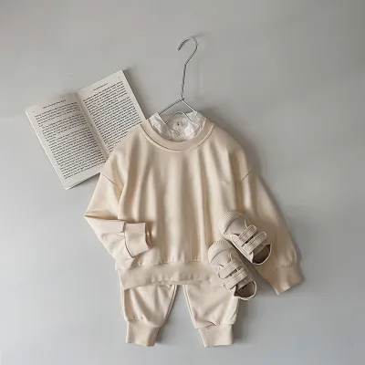 Kids Toddler Boys Girls Fall Winter Casual Cute Solid Color Long Sleeve Cotton Sweatshirt Trousers Two-Piece Set