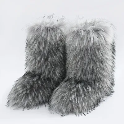 Women Plus Size Non-Slip Warm Imitation Raccoon Fur Snow Boots Flat Heel Round Toe