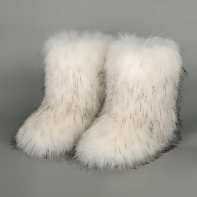 Women Plus Size Non-Slip Warm Imitation Raccoon Fur Snow Boots Flat Heel Round Toe