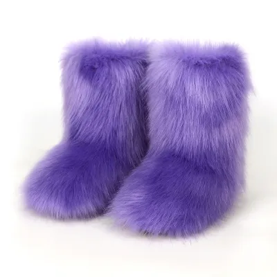 Women Plus Size Non-Slip Warm Imitation Raccoon Fur Snow Boots Flat Heel Round Toe