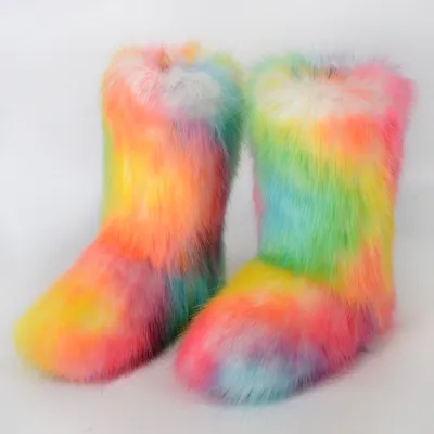 Women Plus Size Non-Slip Warm Imitation Raccoon Fur Snow Boots Flat Heel Round Toe