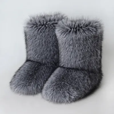 Women Plus Size Non-Slip Warm Imitation Raccoon Fur Snow Boots Flat Heel Round Toe