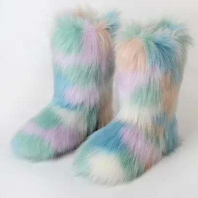 Women Plus Size Non-Slip Warm Imitation Raccoon Fur Snow Boots Flat Heel Round Toe