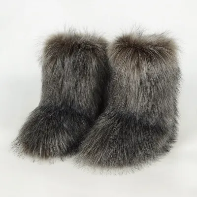Women Plus Size Non-Slip Warm Imitation Raccoon Fur Snow Boots Flat Heel Round Toe
