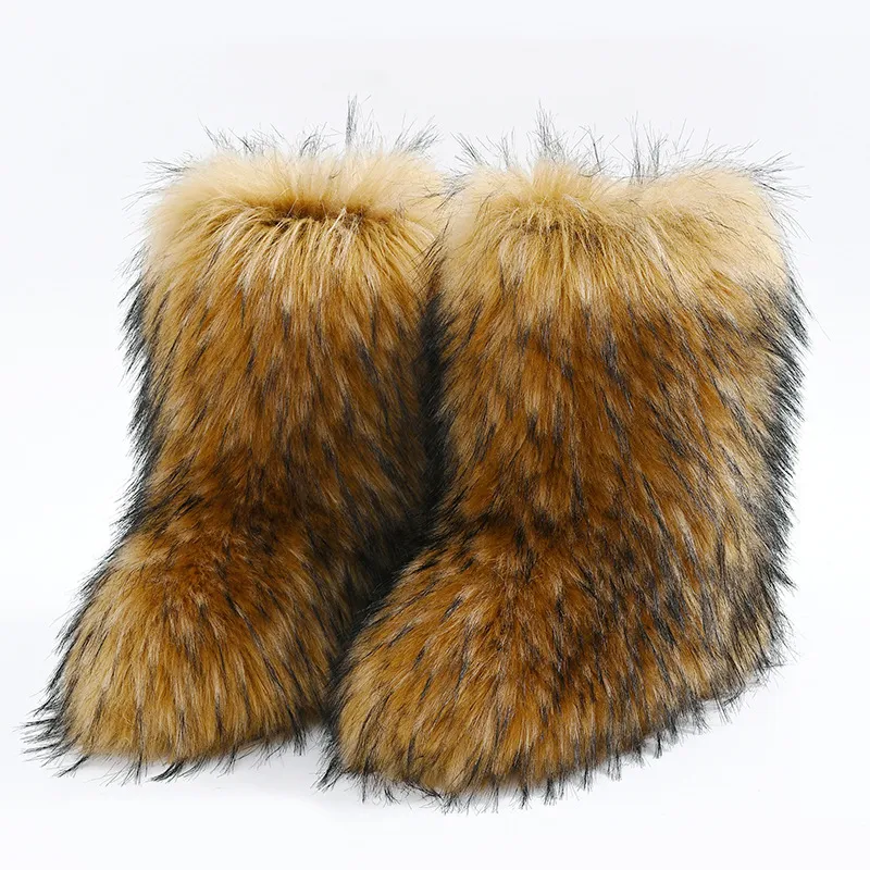 Women Plus Size Non-Slip Warm Imitation Raccoon Fur Snow Boots Flat Heel Round Toe