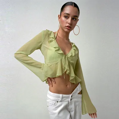 Women Sexy Solid Color Wood-Ear Lace-Up V-Neck Long Sleeve Cropped Top
