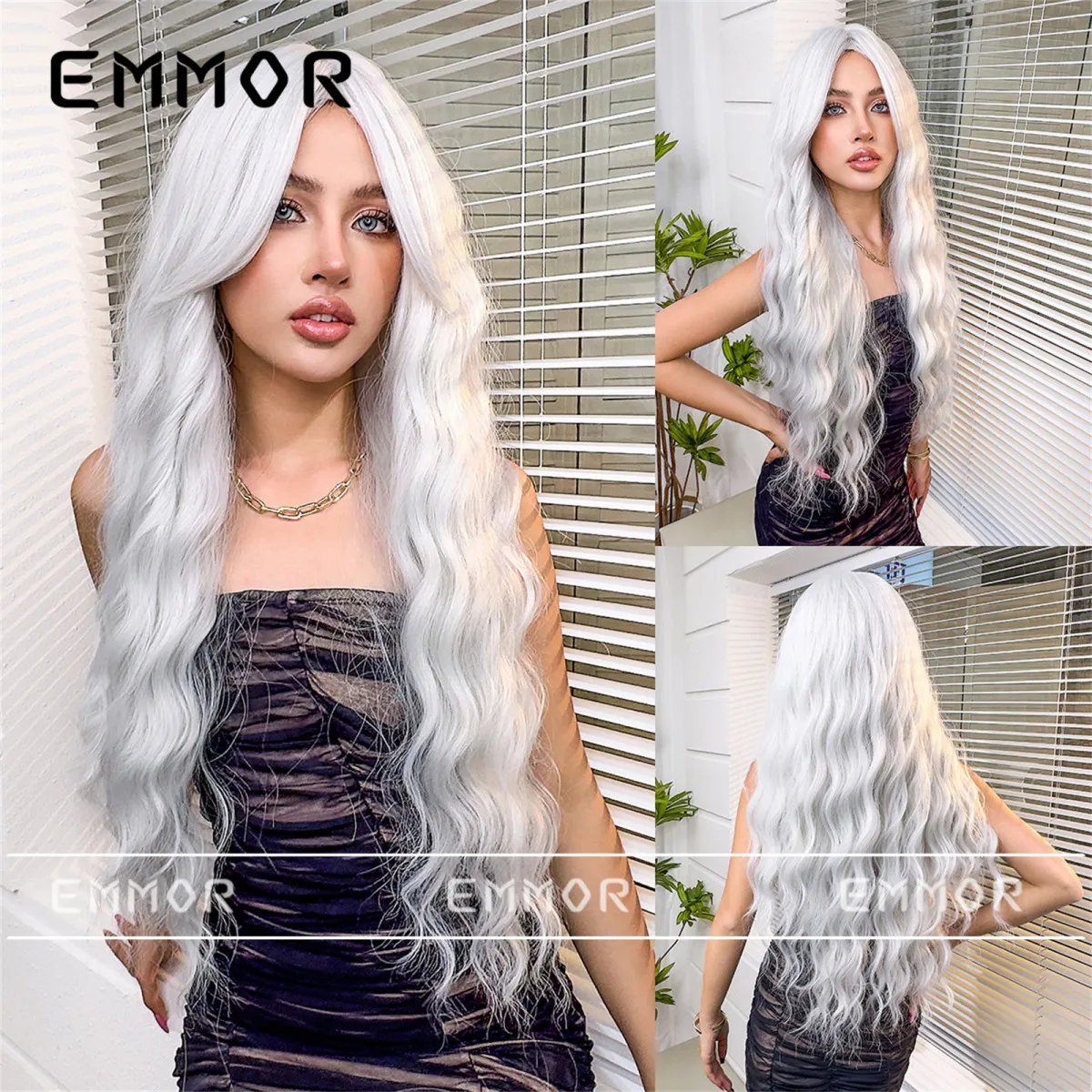 Women Fashion Silver Long Curly Hair Wig Natural Fluffy Oblique Bangs Domestic Silk