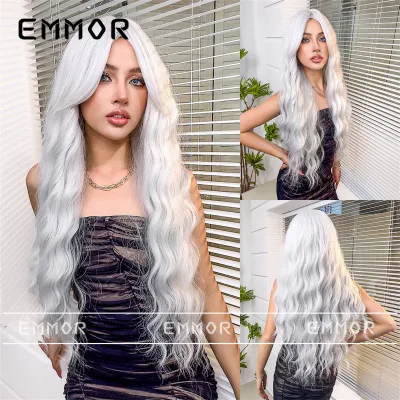 Women Fashion Silver Long Curly Hair Wig Natural Fluffy Oblique Bangs Domestic Silk