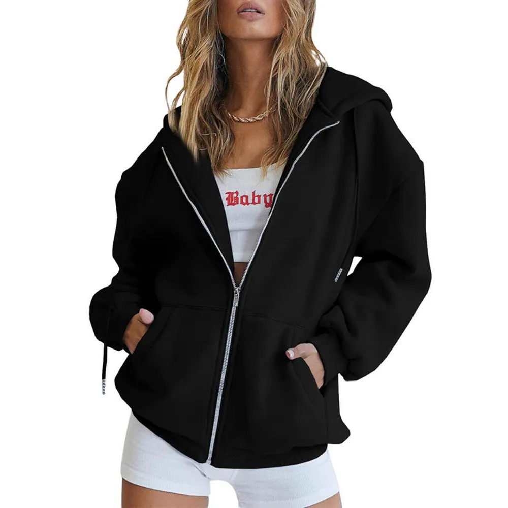 Autumn Winter Women Fashion Solid Color Long Sleeve Zipper Hooded Sweatshirt - Gothic Street Style Polyester Pullover
