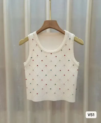 Summer Women Chic Diamond Sleeveless Round Neck Slim Tank Top