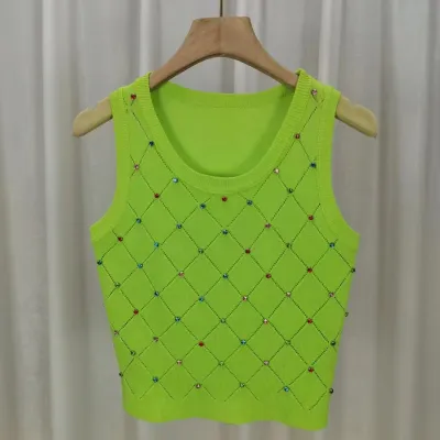 Summer Women Chic Diamond Sleeveless Round Neck Slim Tank Top