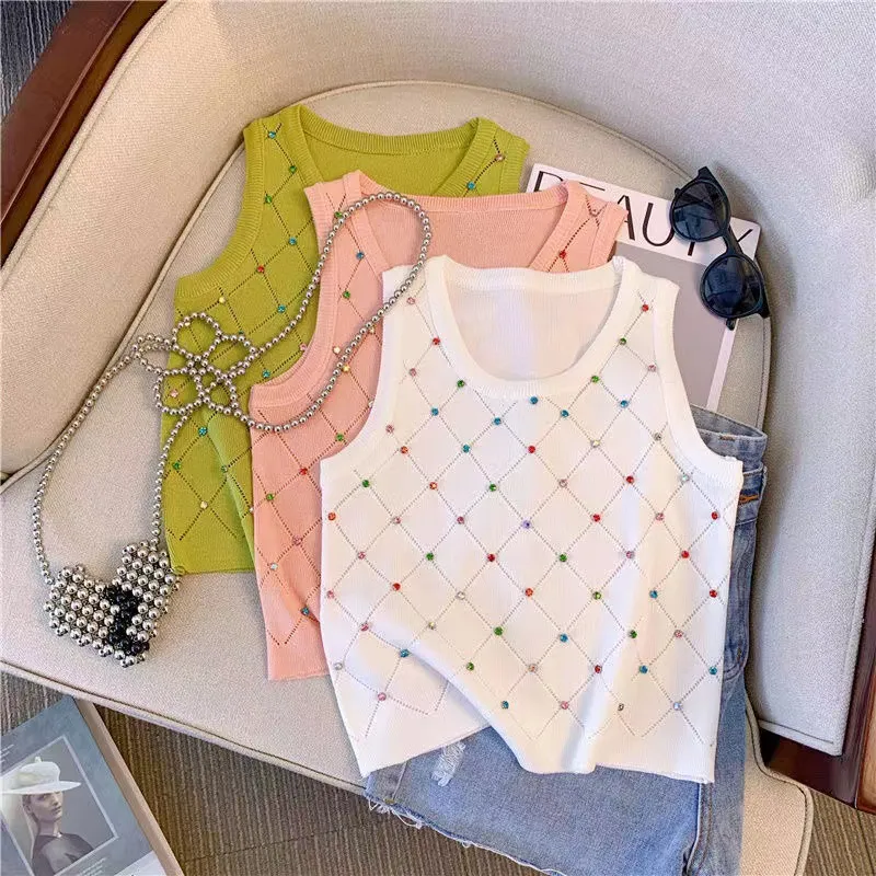 Summer Women Chic Diamond Sleeveless Round Neck Slim Tank Top