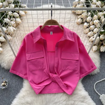 Women Sexy Edgy V-Neck Kink Design Lapel Short Sleeve Crop Shirt