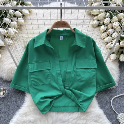 Women Sexy Edgy V-Neck Kink Design Lapel Short Sleeve Crop Shirt