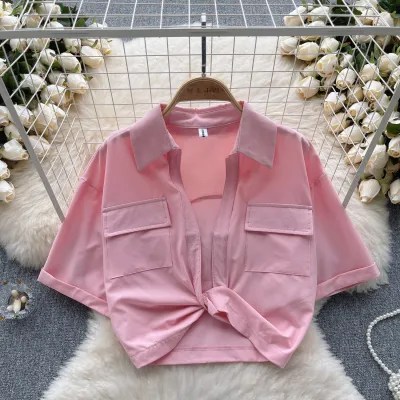 Women Sexy Edgy V-Neck Kink Design Lapel Short Sleeve Crop Shirt