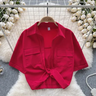 Women Sexy Edgy V-Neck Kink Design Lapel Short Sleeve Crop Shirt