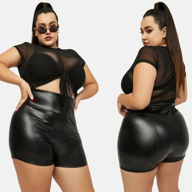 Imitation Leather Stretch Sexy Plus Size Women Shorts