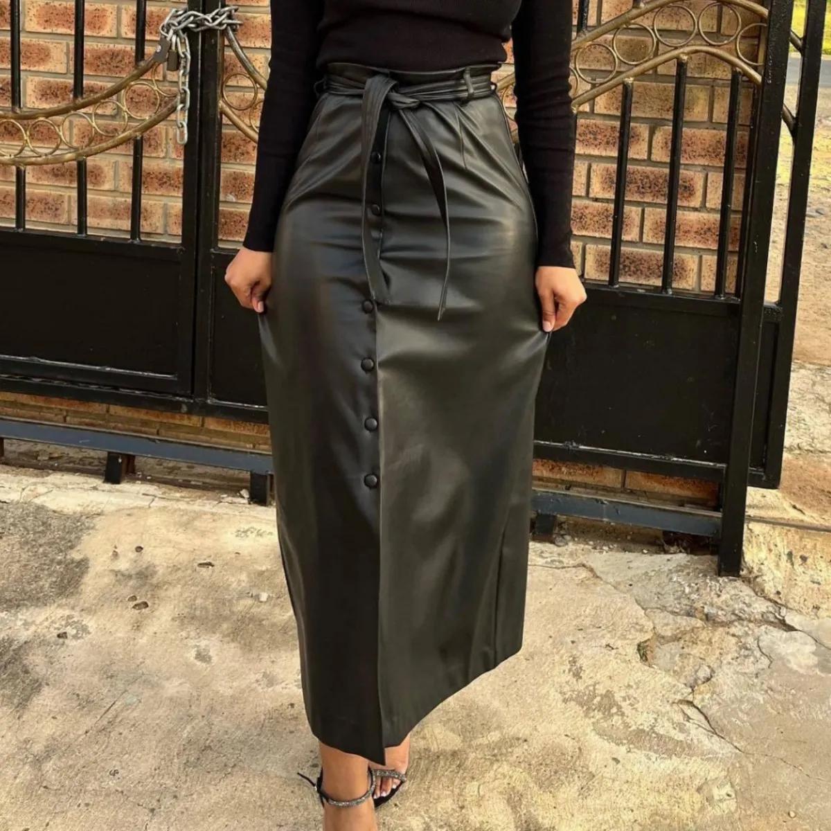 Women Fashion Casual Solid Color PU Button Split Skirt With Belt