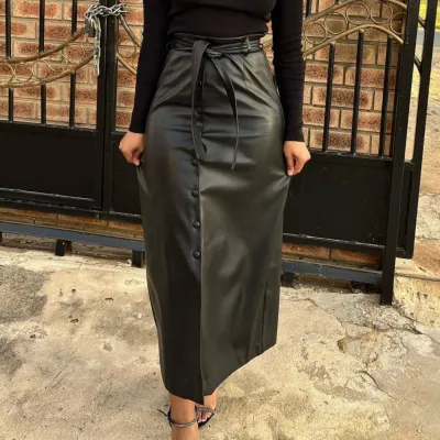 Women Fashion Casual Solid Color PU Button Split Skirt With Belt