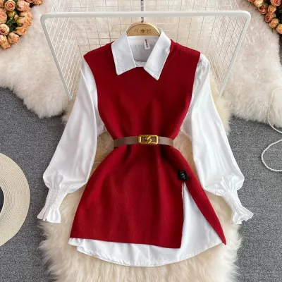 Women's White Long-Sleeved Shirt and Knitted Vest Two-Piece Set, Japanese Korean Casual Style