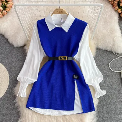 Women's White Long-Sleeved Shirt and Knitted Vest Two-Piece Set, Japanese Korean Casual Style