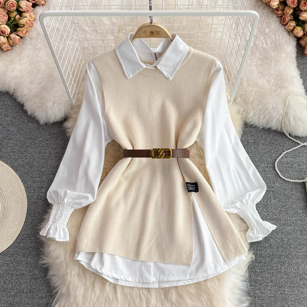 Women's White Long-Sleeved Shirt and Knitted Vest Two-Piece Set, Japanese Korean Casual Style