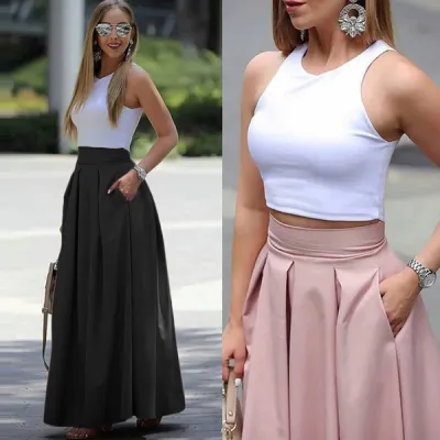 Women Casual Loose High Waist Pleated Skirt Solid Color