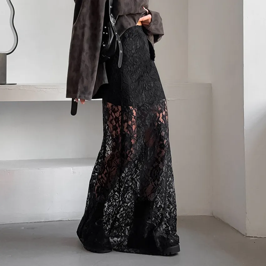Women Retro Sexy Black Lace Perspective Skirt