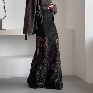 Women Retro Sexy Black Lace Perspective Skirt